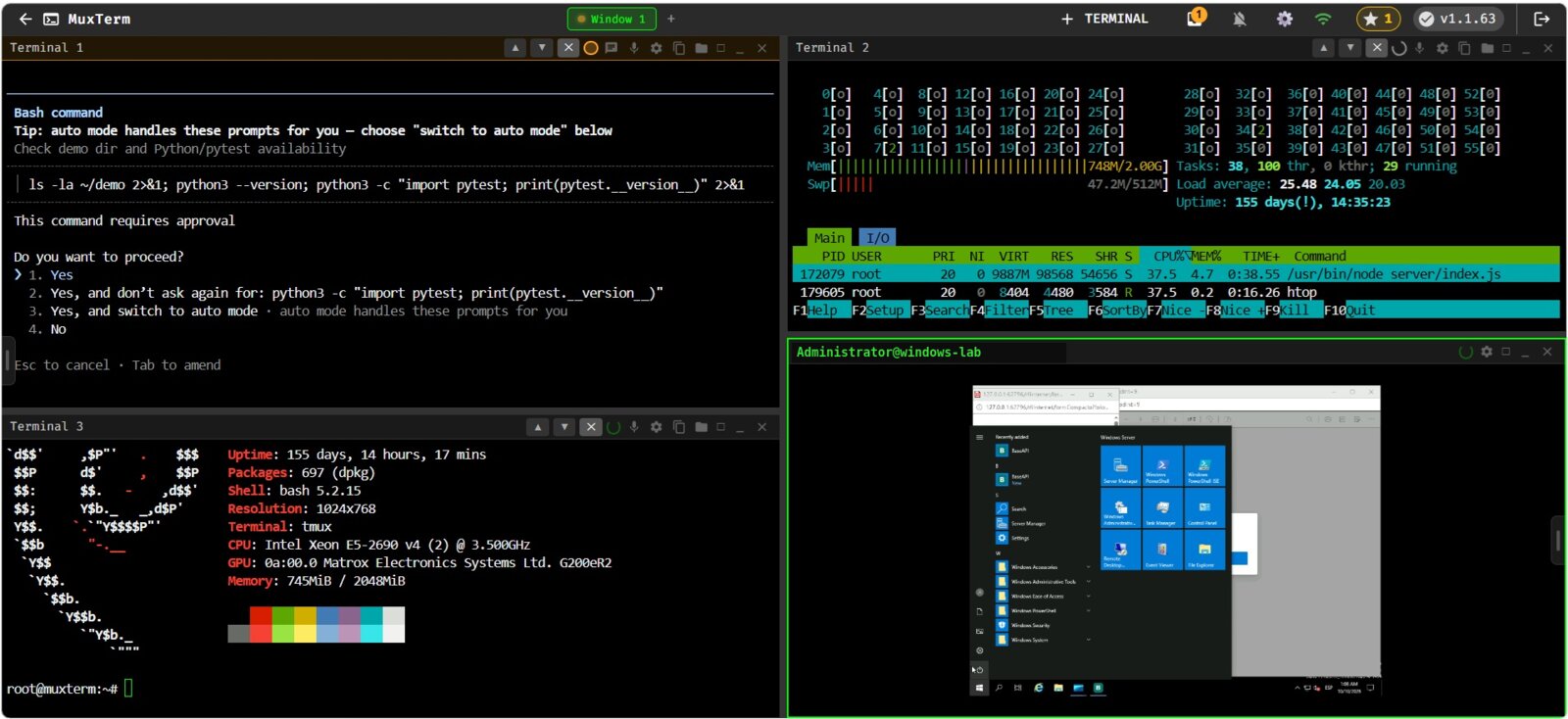 MuxTerm workspace with four panels: a Claude Code session asking for approval, htop, neofetch and a Windows Server desktop over RDP